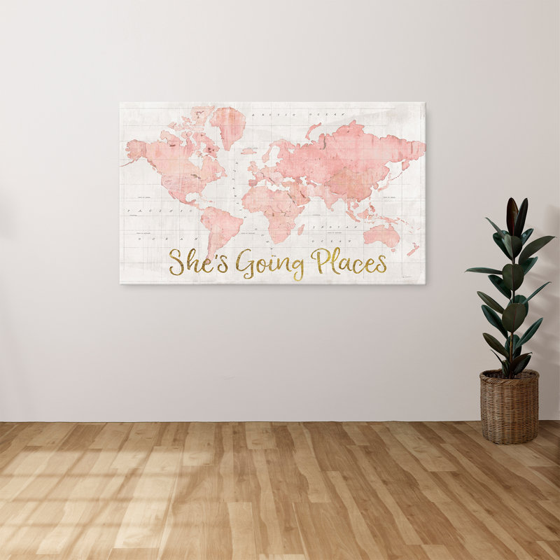 "Across the World Shes Going Places Pink" par Sue Schlabach, reproduction sur toile, H 36 po x l 60 po