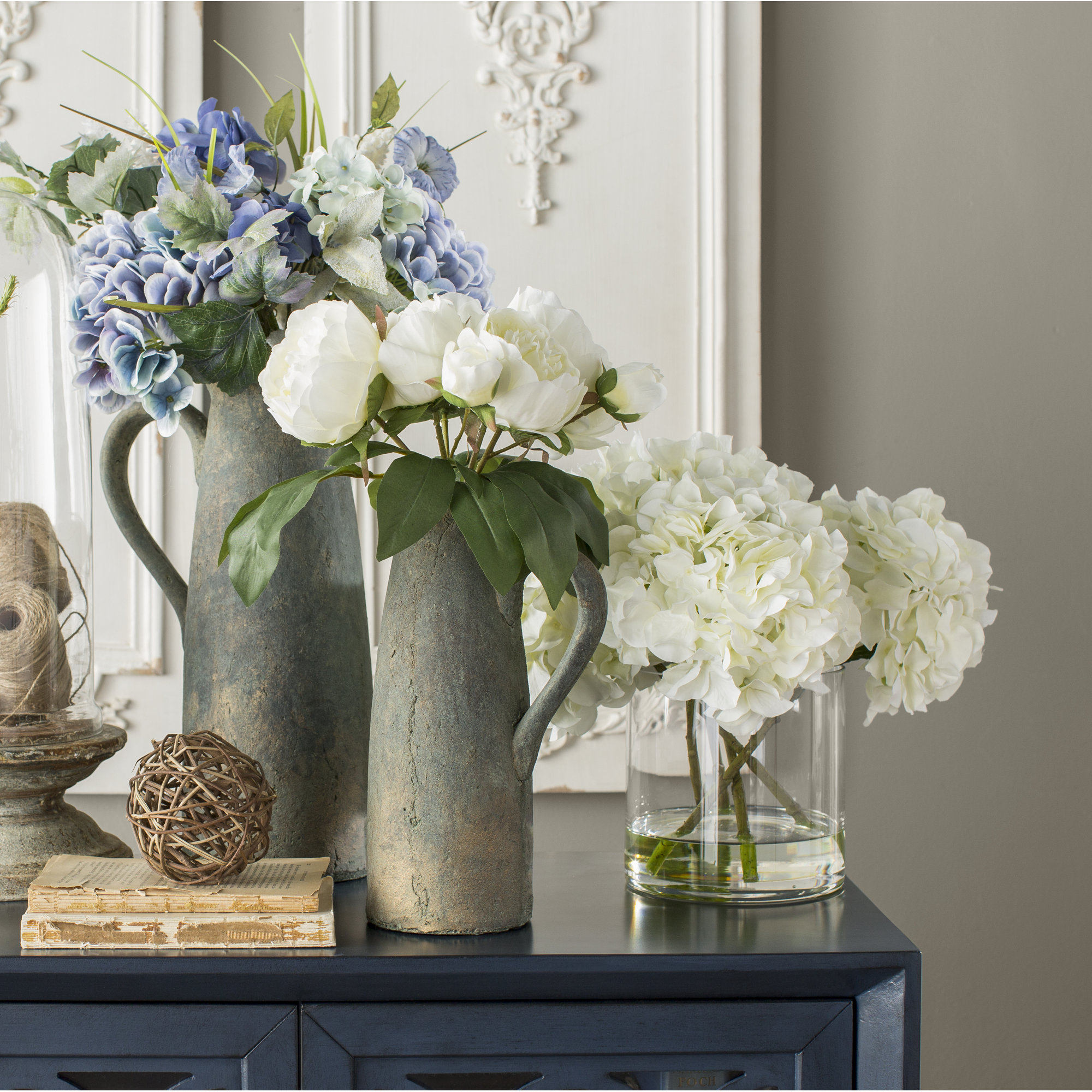 Faux Hydrangea Arrangement in Vase, White