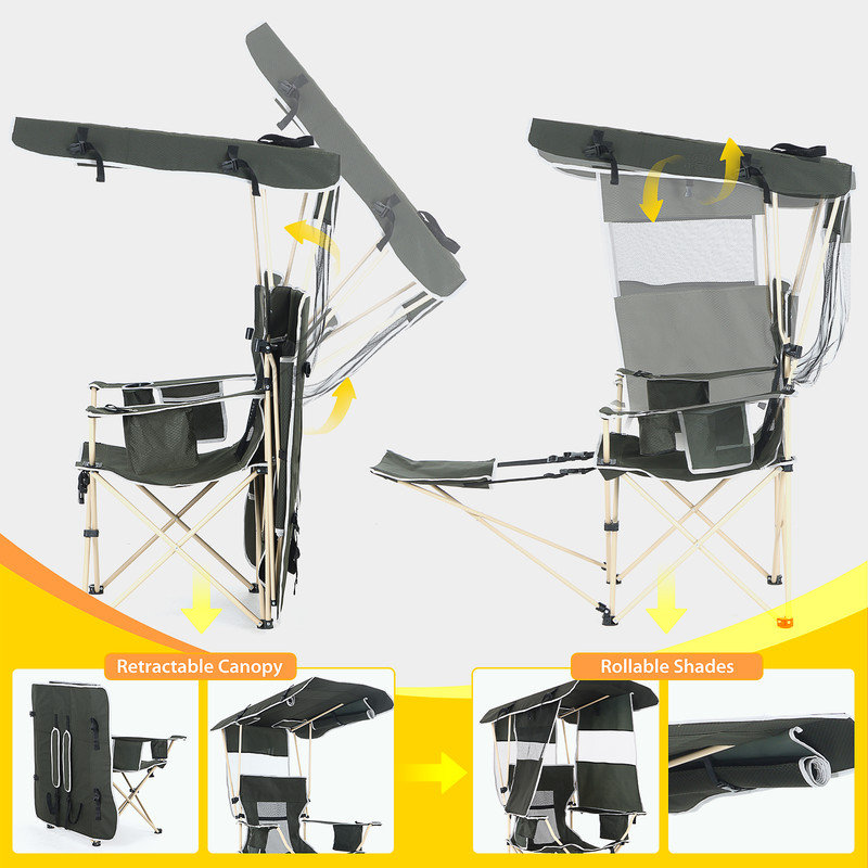 Camping Chair with Canopy, Removable Footrest, Cooler Bag, Cup Holder, Sports, Fishing, and Beach Chair (Green 1-Pack)
