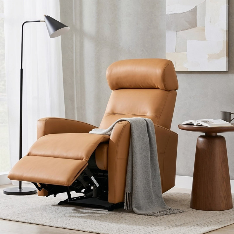 29" W Top Grain Leather Power Recliner with Adjustable Headrest & USB Ports, Tan