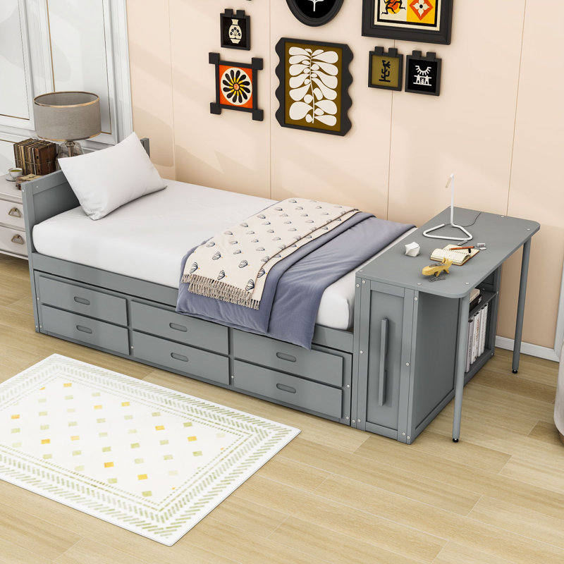Lit plateforme simple à trois tiroirs avec rangement au pied de lit et lit gigogne simple, gris