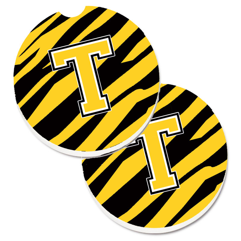 Ceramic Round 2 Piece Car Coaster Set, T, Black/Gold