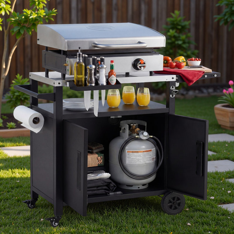 Outdoor Grill Cart Kitchen Island With Storage Cabinet, Foldable Table, Wheels, Stainless Steel Top, Hooks, Spice Rack And Waterproof Cover