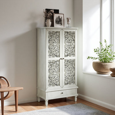 Anadia 55'' Tall Accent Cabinet with Openwork Carving Door and Solid Wood Legs Storage 2-Door Carved Wood Buffet Cabinet With Drawer