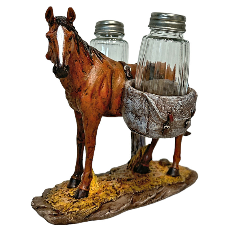 Polyresin Pack Horse Barnyard Rustic Farmhouse Ranch Themed Salt and Pepper Shaker Holder Set