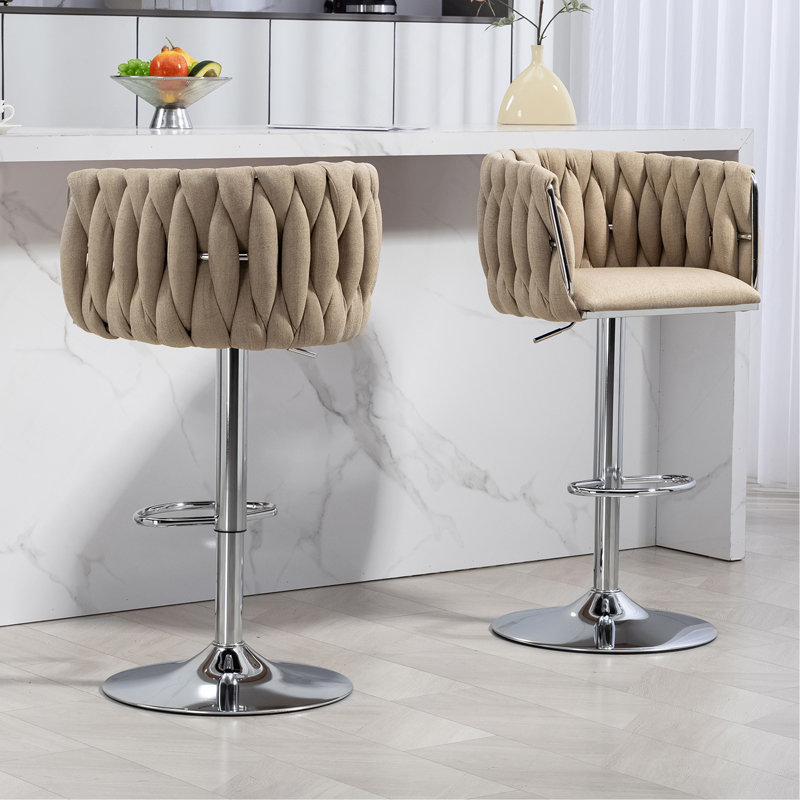 360° Fabric Cover Swivel Bar Stools Set Of 2, Adjustable Counter Height Bar Chairs With Woven Back & Footrest, Silver Chromed  Bar Stools For Kitchen Island, Cafe, Pub