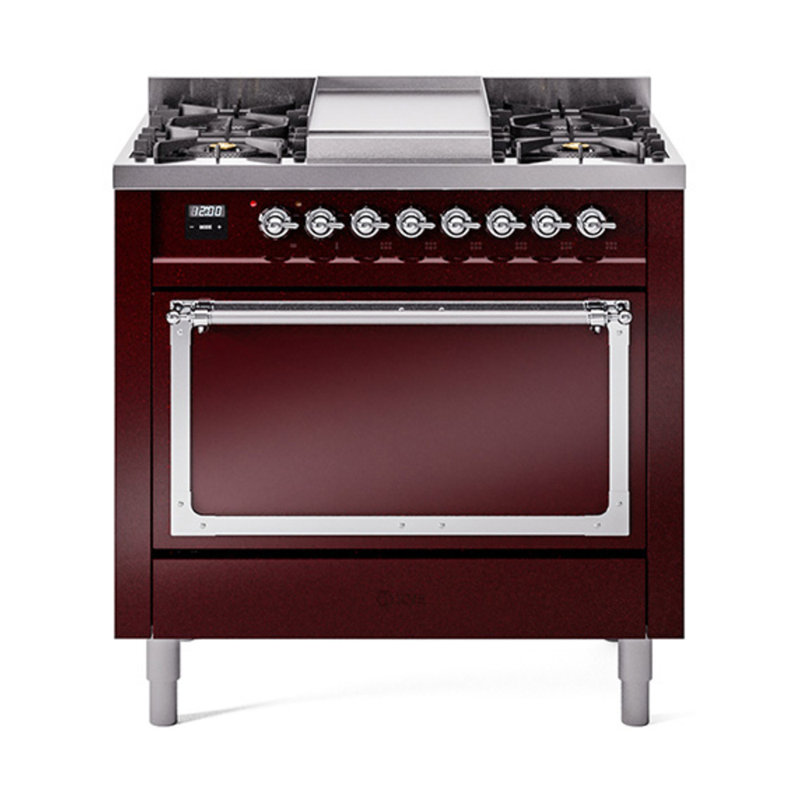 ILVE Nostalgie II Noblesse 36 in Dual Fuel Range, Burgundy/Chrome, Liquid Propane