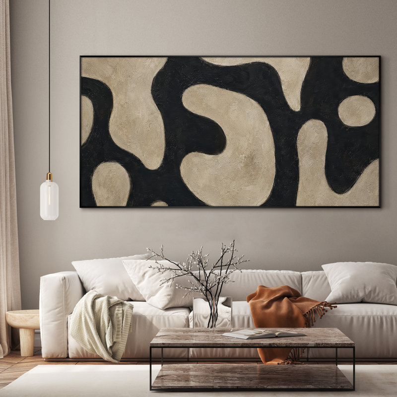 Très grand art mural imprimé sur tissu - Motif géométrique organique noir, décoration de salon moderne - «Assemblage requis du cadre (cadre non fini)»