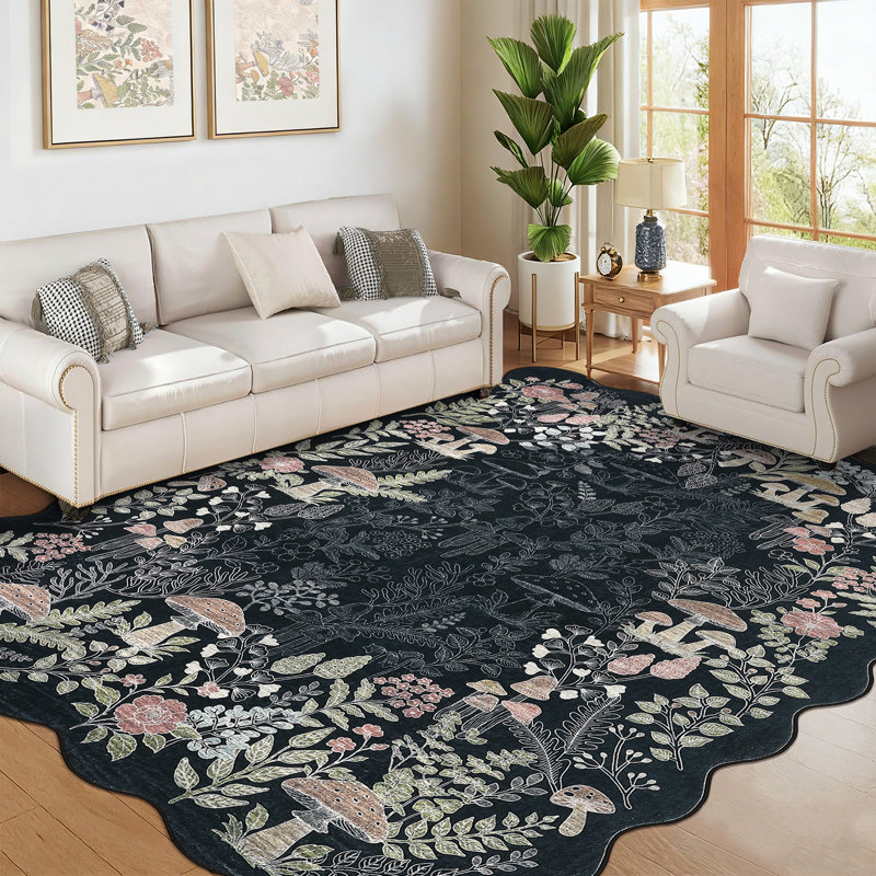 Mushroom Scalloped Floral Washable Non-Slip Area Rug Low Pile Soft Thin Botanical Carpet for Living Room Bedroom Dining Room Playroom