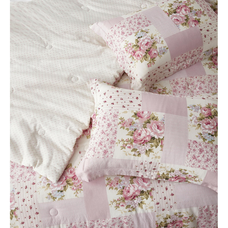 Full Size Pink Floral Cotton Reversible Comforter Set