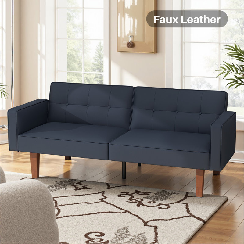 Besharat Convertible Futon Sofa Bed, Faux Leather Futon Couch Sleeper Recliner for Living Room, Matte Black