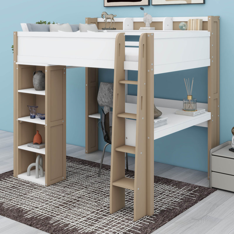 FUll Size Loft Bed With Storage Shelves, Clothes Rails, Desk, White/Natural