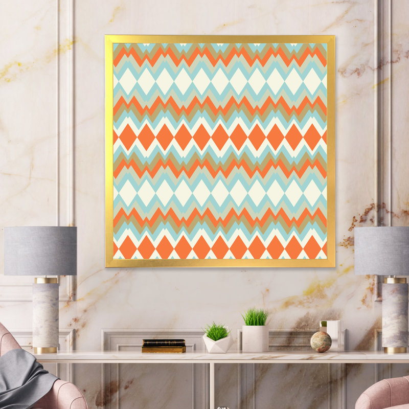 Zigzag en bleu et orange - impression sur toile, H 36 po x l 36 po, Cadre doré