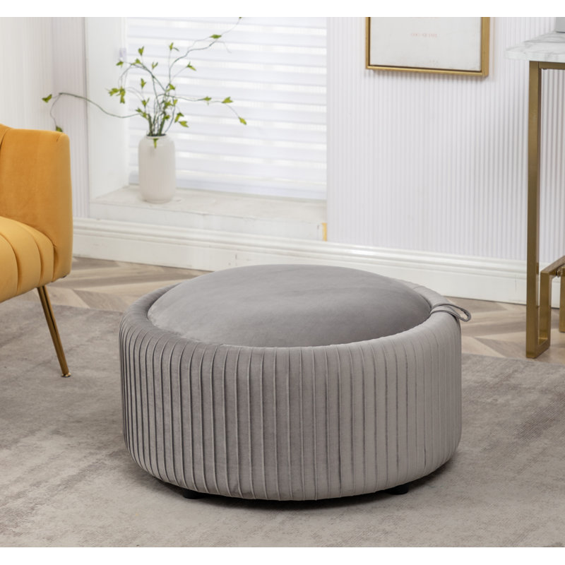Savinien Upholstered Round Storage Ottoman, Gray Velvet
