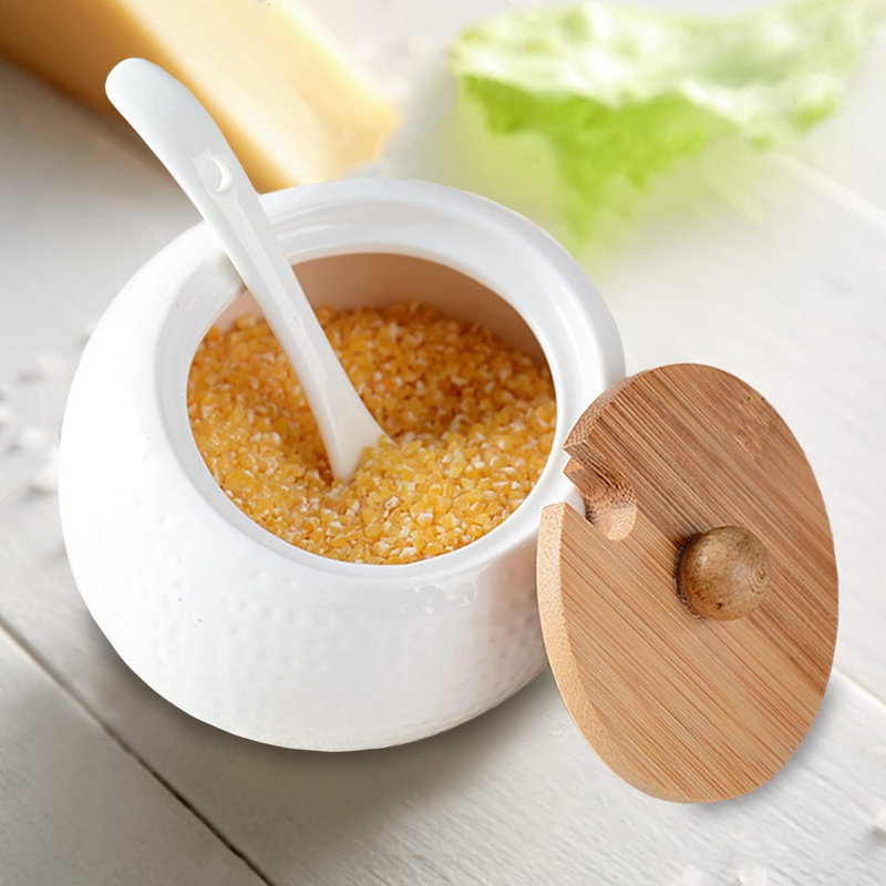 Porcelain Condiment Jar Spice Container With Bamboo Lids & Tray, Ceramic Serving Spoon, Set Of 3, White, 170ML(5.8 OZ), Perfect Spice Storage For Home, Kitchen