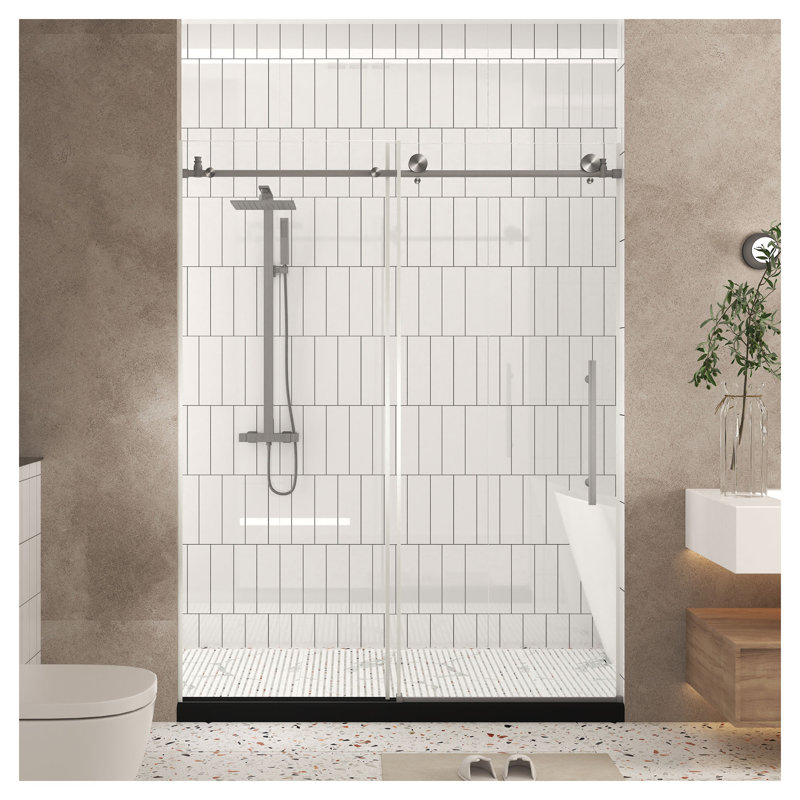 Porte de douche sans cadre, l 56 à 60 po x H 76 po, verre trempé transparent de 6 mm avec quincaillerie en nickel brossé