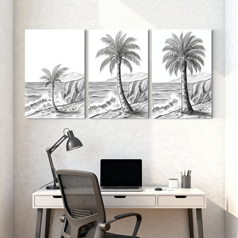 Palmiers, palmiers, vagues de l'océan, paysage de montagne, ensemble de 3 impressions sur toile, H 18 po x l 36 po