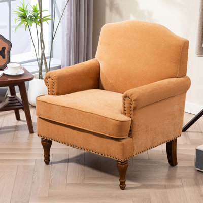 Chaise d'appoint de salon. Pieds en bois. Coussins à ressorts. Garniture cloutée. Matériau en chenille. Brun. Fauteuil 300Lbs. . Cadre. Supports