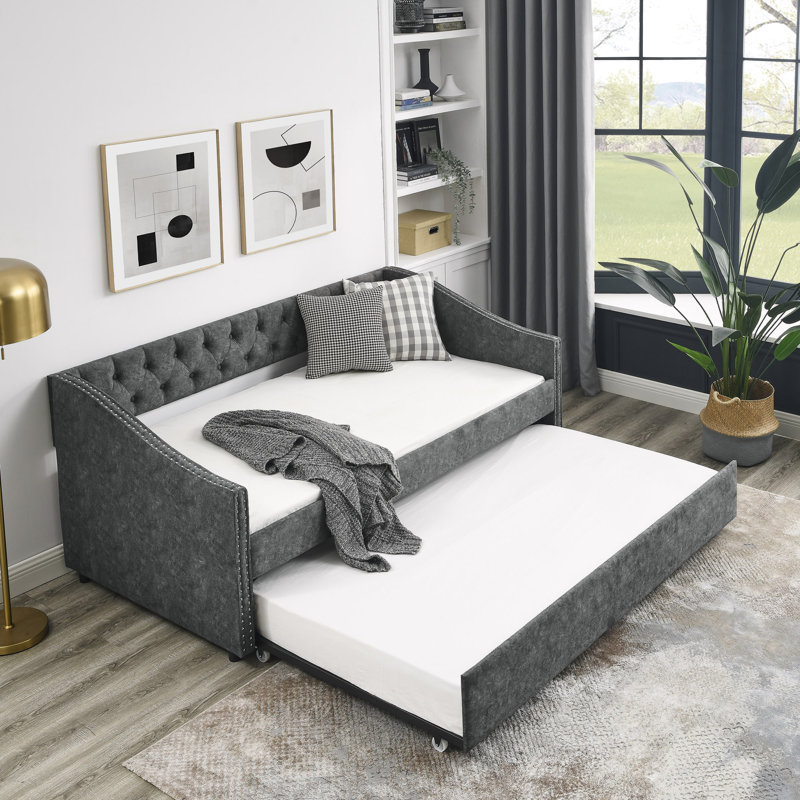 Daybed With Trundle Upholstered Tufted Sofa Bed, With Button On Back And Copper Nail On Waved Shape Arms, Twin, Grey
