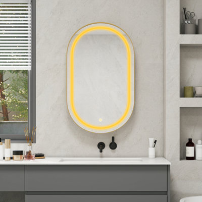 Miroir à pharmacie mural ovale doré et rangement, verre trempé 2 couches, DEL 3 couleurs, aspiration magnétique, tablettes réglables, design moderne, hauteur 4,8 po, poids de 22,79 lb, 38,59