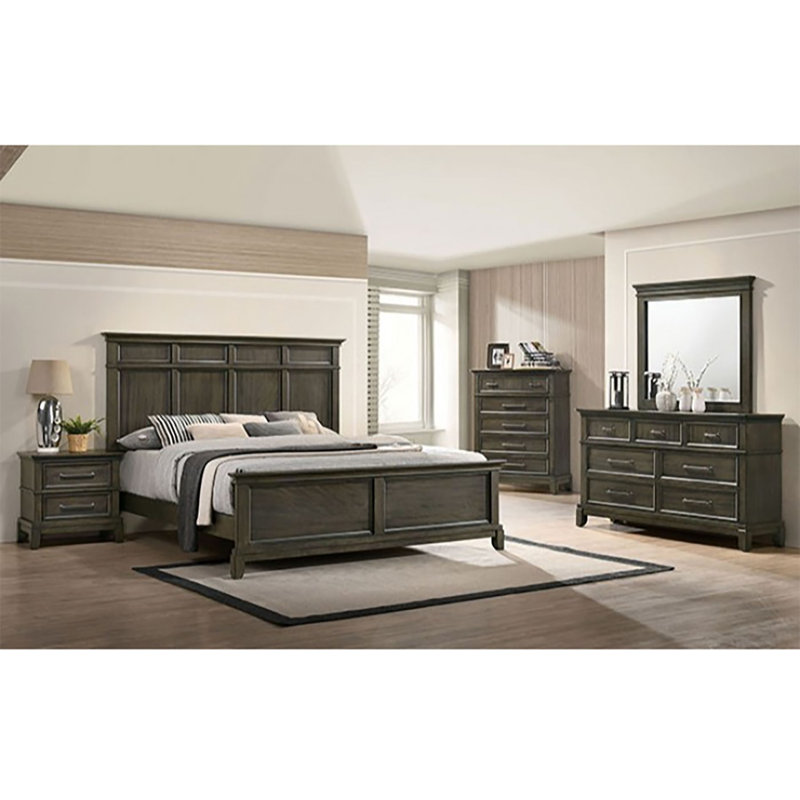 Gray Queen Solid Wood Bed with Panel Headboard