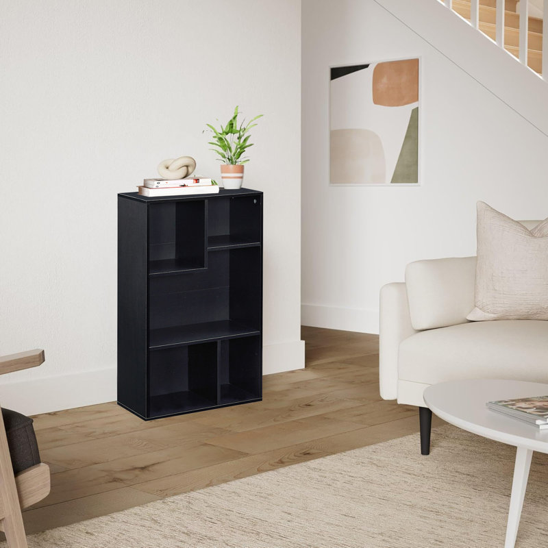 (Set of 2) Modern Cube Black Bookcase Vertical Horizontal Irregular Open Shelf Bookcase, Black