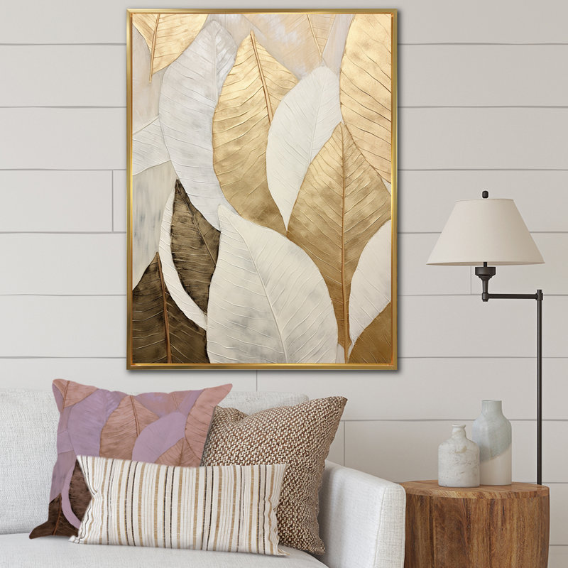 «Gold Minimalisme Leaves Collage III - Leaves», reproduction d'art sur toile encadrée, Cadre flottant doré