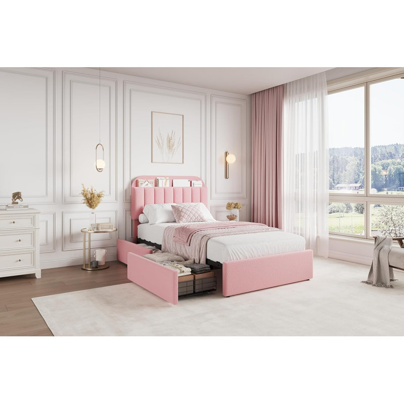 Platform Bed Frame,Kids Bed Frame with Storage Headboard, 2 Rolling Drawers, Noise Free Bedframe, No Box Spring Needed, Twin