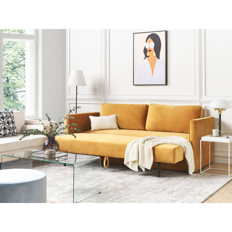 Amilcar 3 Seater Velvet Sofa Bed, Yellow