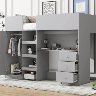 Lit mezzanine double en bois avec garde-robe, bureau et solutions de rangement intégrés pour les espaces de vie compacts
