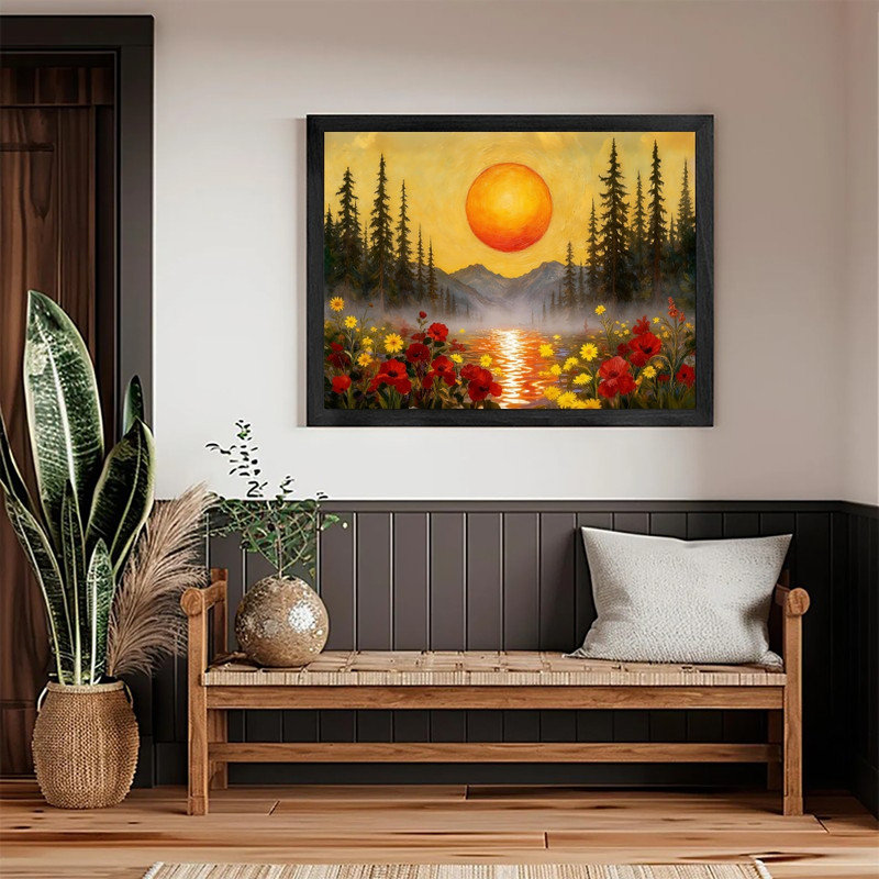«Moonlit Pine Forest», encadré noir, pleine lune, peinture de champ de fleurs sauvages, art mural paysage nature Moody Mystical