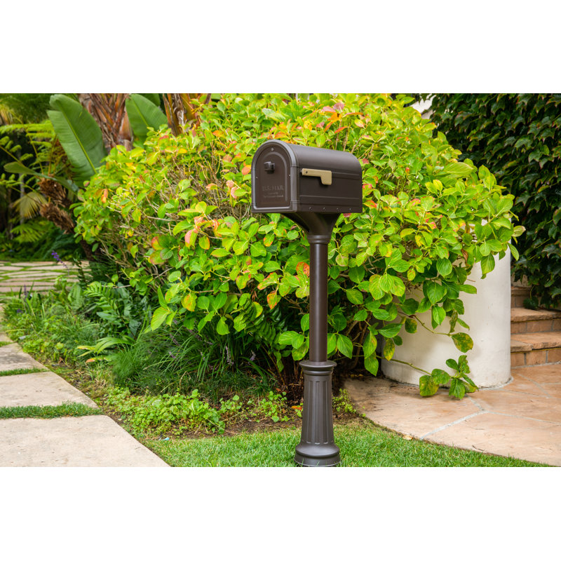 Roxbury Post Mount Mailbox + Decorative Post Rubbed Bronze, Rubbed Bronze with Champagne Gold Flag