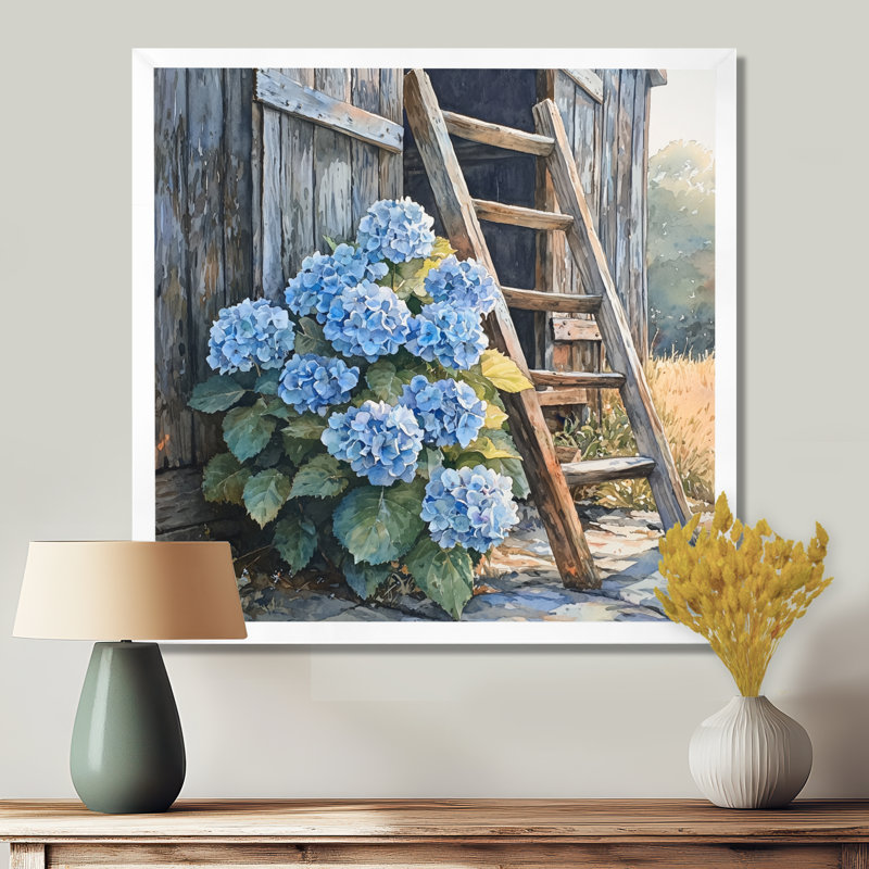 Hydrangées par l'échelle de la grange - art mural hortensias, H 30 po x l 30 po, Reproduction encadrée d'une seule photo