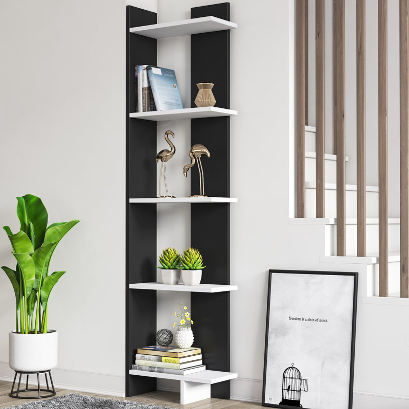 Deddrick Corner Bookcase, Black/White, (5 Shelves) 67" H x 18" W x 9" D