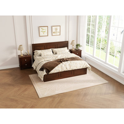 Grand lit avec tête de lit à hauteur réglable, lit en bois de pin avec cadre de lit renforcé, noyer