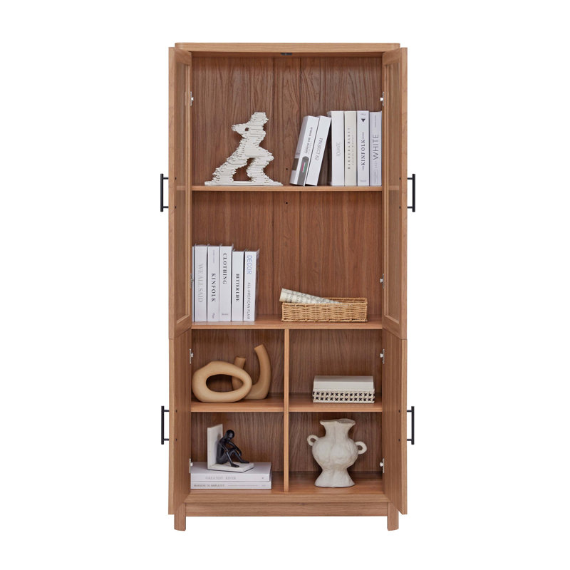 Jodie 67.6" H x 31" W Mid-Century Modern 6-Shelf Bookcase with Tempered Glass Doors in Maple, Maple