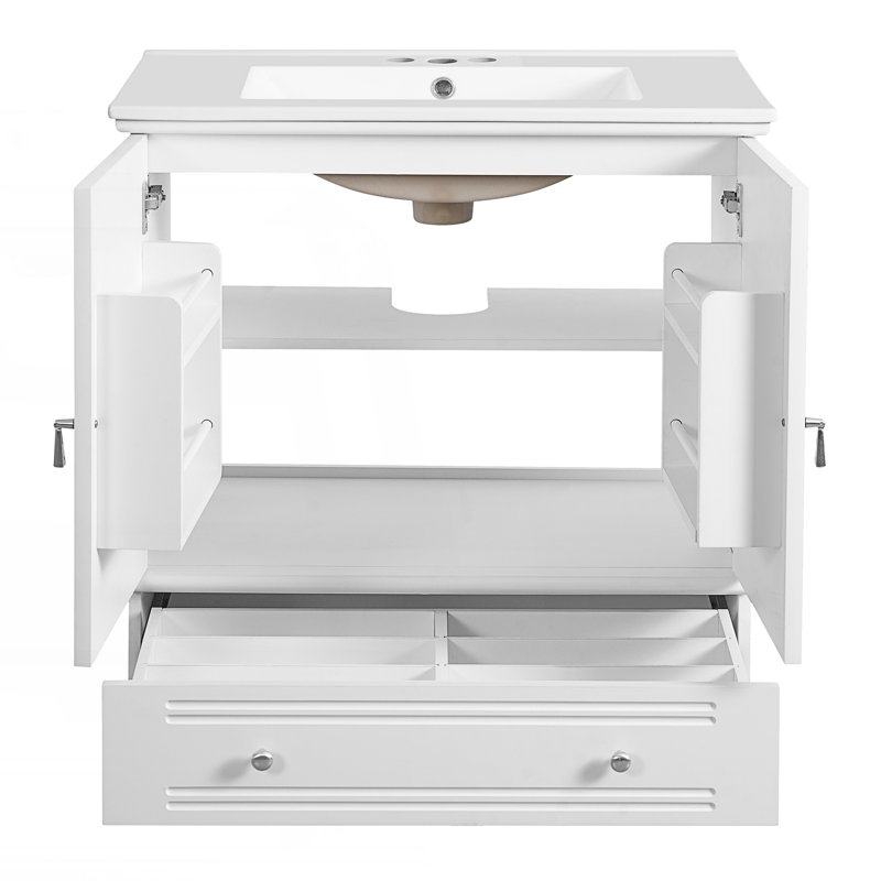Meuble-lavabo de salle de bain avec lavabo en céramique, meuble-lavabo avec tablette réglable, Blanc