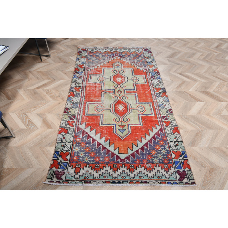 Tapis turc rétro en laine rouge avec esthétique bohème pour la cuisine et les espaces de vie