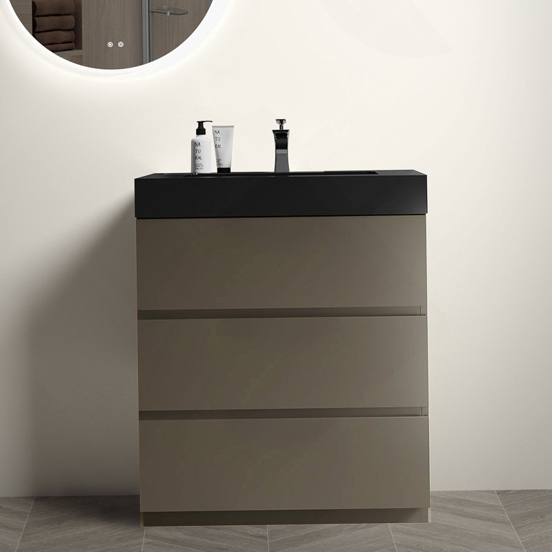 Meuble-lavabo autoportant avec grand lavabo et rangement, Gris, 30", Noir