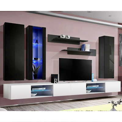 126" Modern Floating Wall Mounted Entertainment Center with 16-Color LED Lighting, High Gloss Finish