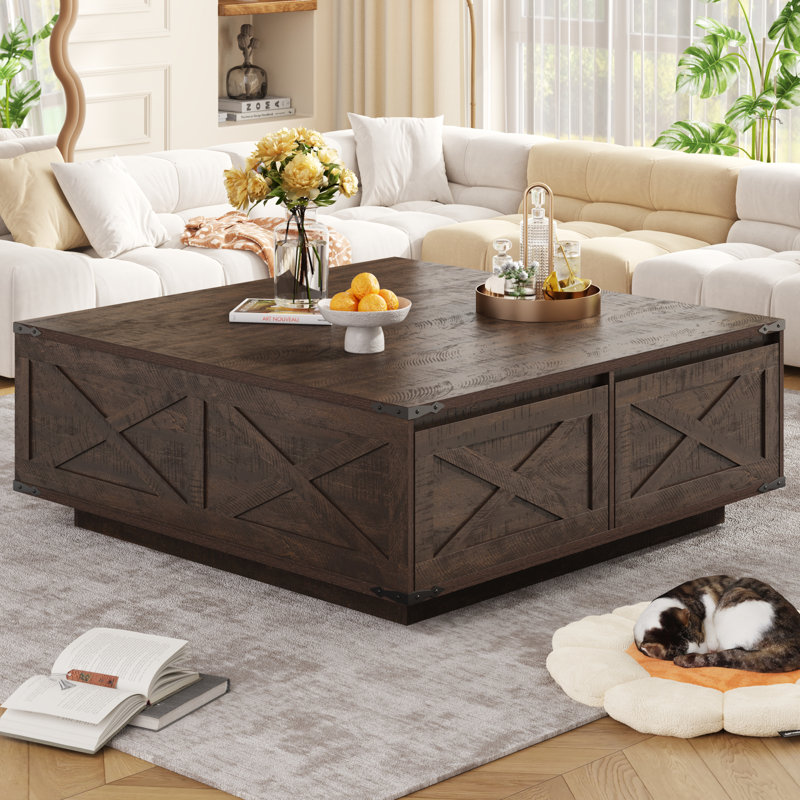 43" Large Farmhouse Coffee Table With 4 Storage Drawers, Rustic Brown
