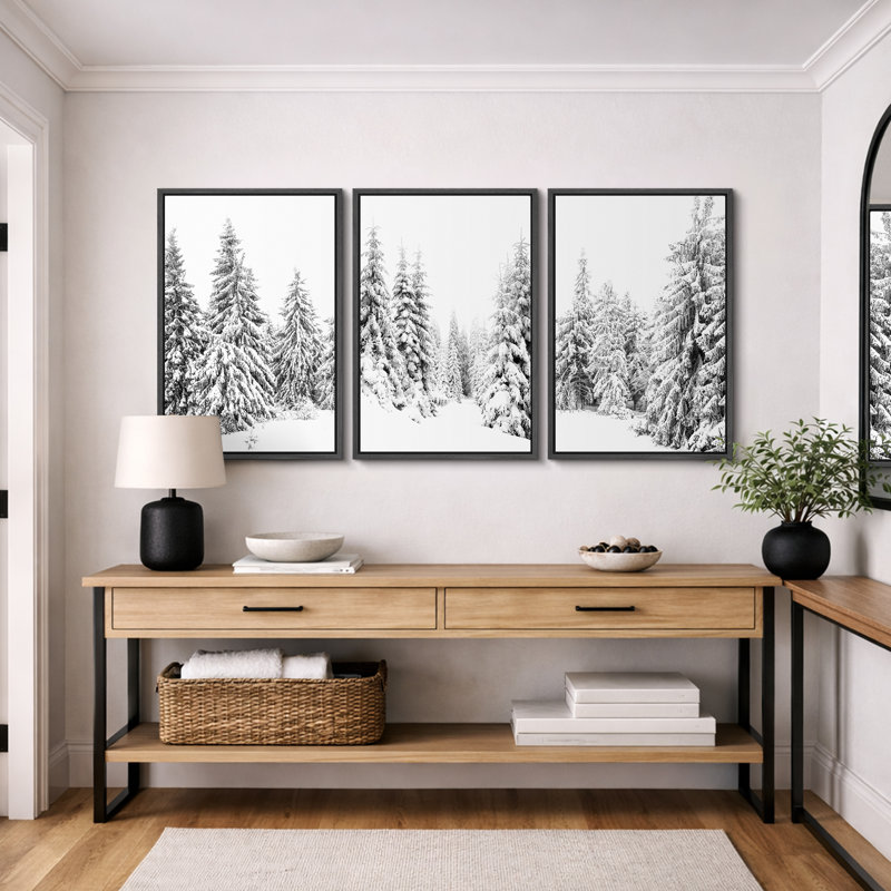 «Winter», neige recouverte de pin, forêt, paysage naturel, œuvre d'art moderne, photographie en noir et blanc, impression sur toile encadrée, 3 pièces, 3 pièces