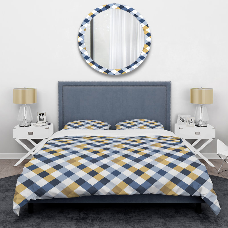 Blue Yellow Gingham Print III - Modern Duvet Cover Set, King Duvet Cover + 2 King Shams