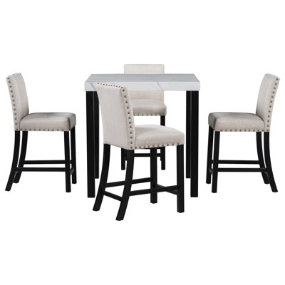 Ensemble de salle à manger cinq pièces avec plateau en imitation marbre, ensemble de combinaison carré, table de salle à manger en bois massif et 4 chaises, mobilier combiné peu encombrant pour la cuisine et la salle à manger
