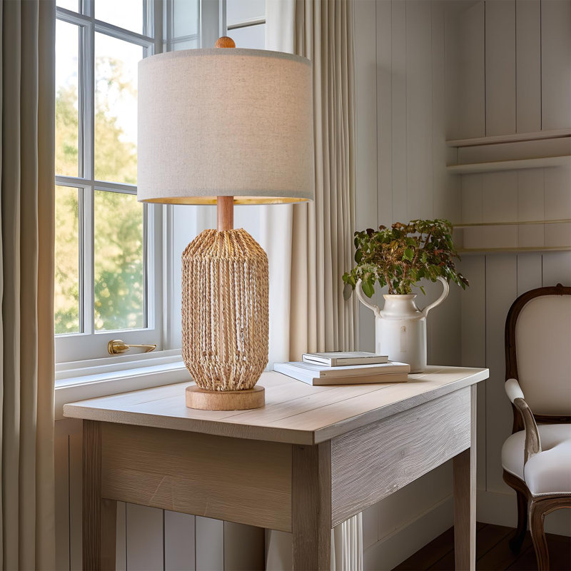 21" Brown Rattan and Linen Farmhouse Table Lamps Set of 2