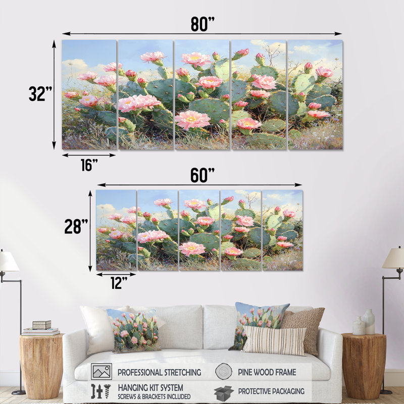 Cactus jardin en fleurs I - Art mural floral cactus - Art mural traditionnel sur toile, H 32 po x l 80 po, 5