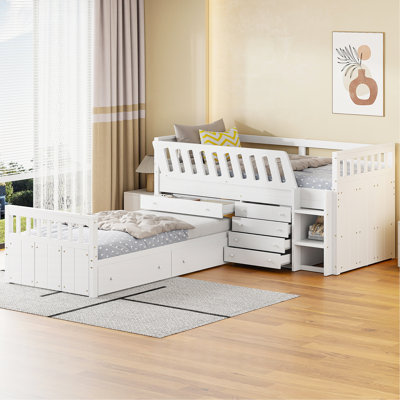 L-Shaped  Space-Saving Twin Loft And  Twin  Platform Bed With 7 Drawers And Full Guardrails(WHITE)