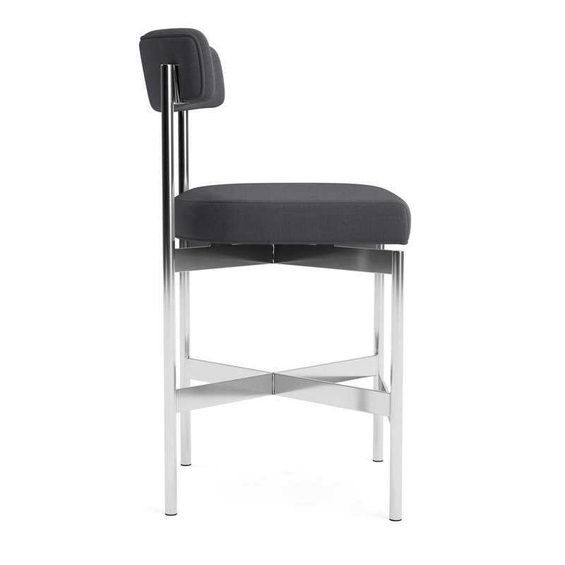 Remy Bar Stool, Performance Linen - Charcoal, Polished Stainless Steel, Counter Stool (25” Seat Height)