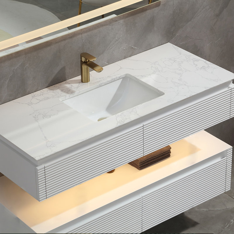 Ensemble de meuble-lavabo simple mural moderne en bois massif 48 po avec plateau en marbre et lumière, Blanc