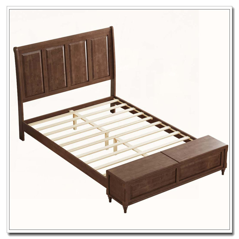 Lit-bateau haut en bois massif avec espace de rangement de 64 po, Grand lit, Noyer brun